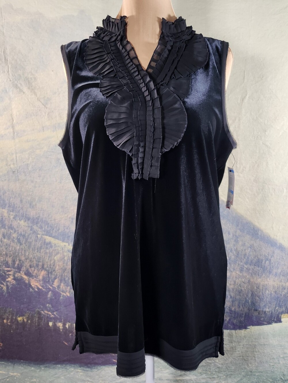 Alfani Black Velvet Ruffle Mock Neck Embellished Tank Top XL NWT
